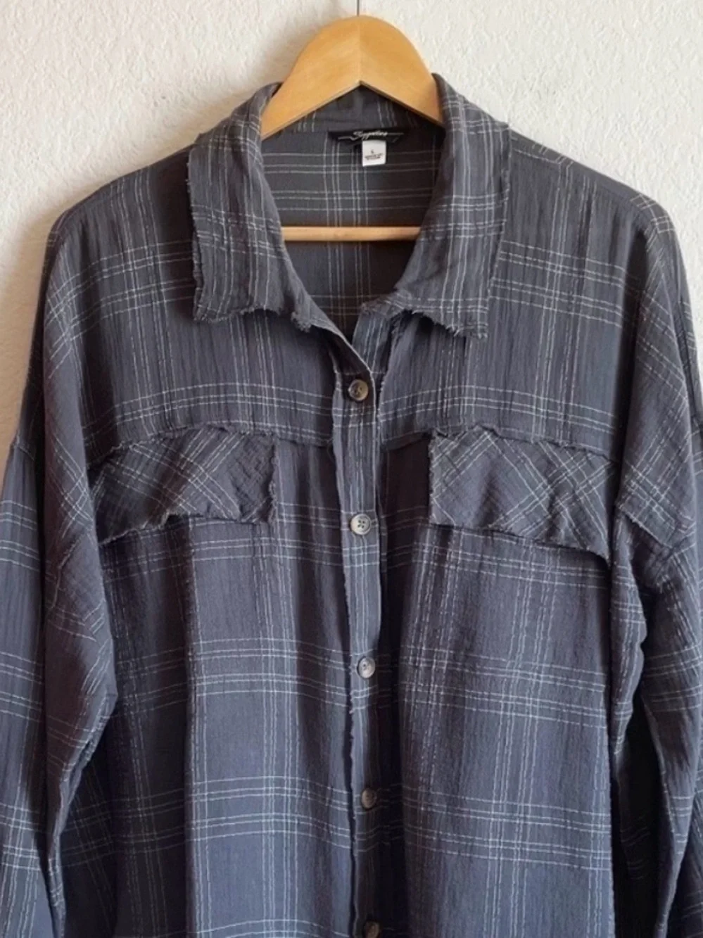 Liz Gauze Cotton Blend Supplies by Union Bay Galaxy Gray Mini White Plaid Shirt - Picture 3 of 8